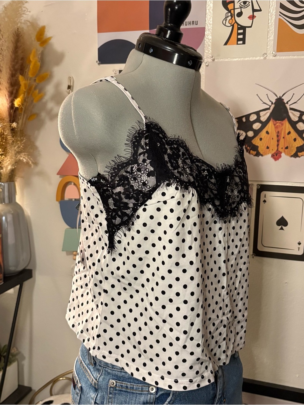 Nasty Gal White Polka Dot Cami with Black Lace Trim - Picture 4 of 6